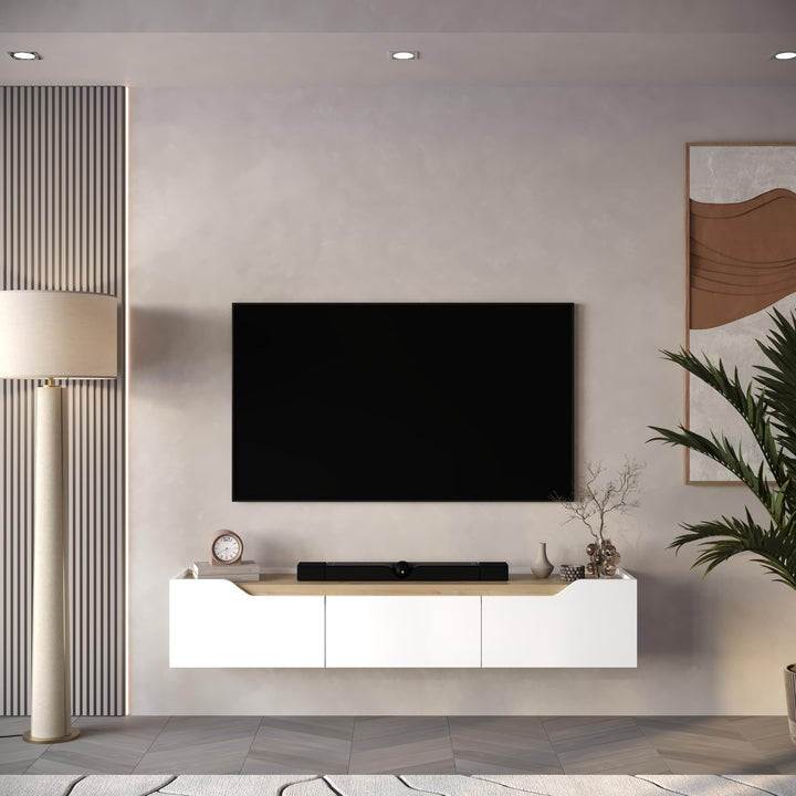 White and Oak floating TV stand 66 inch in contemporary living room.