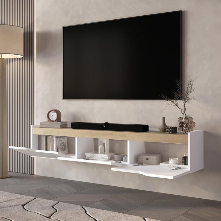 Newa floating TV stand White Oak – storage interior open details.