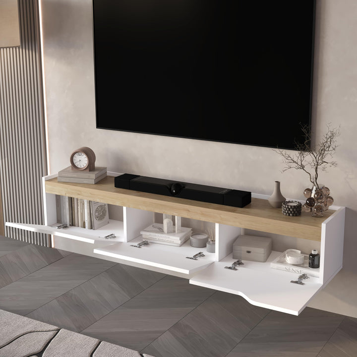 Newa floating TV stand White Oak – storage interior open