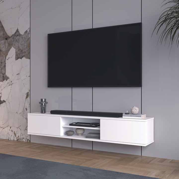 Doris floating TV stand White – styled in minimalist living room