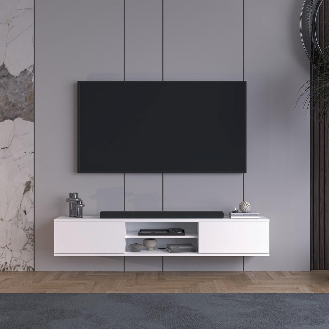 Doris White floating TV stand – front view doors and open shelf