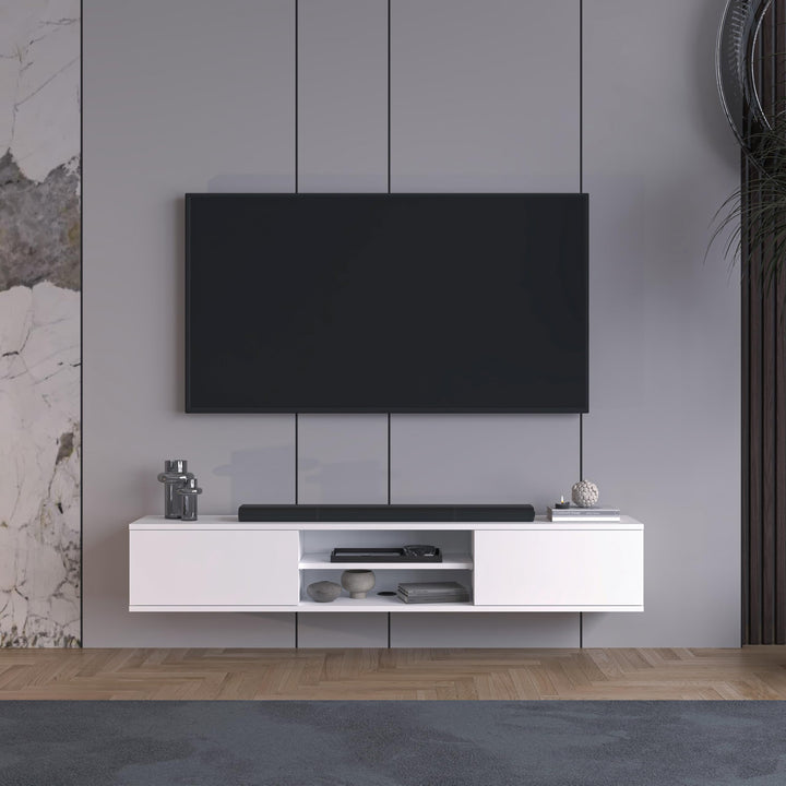 Doris White floating TV stand – front view doors and open shelf
