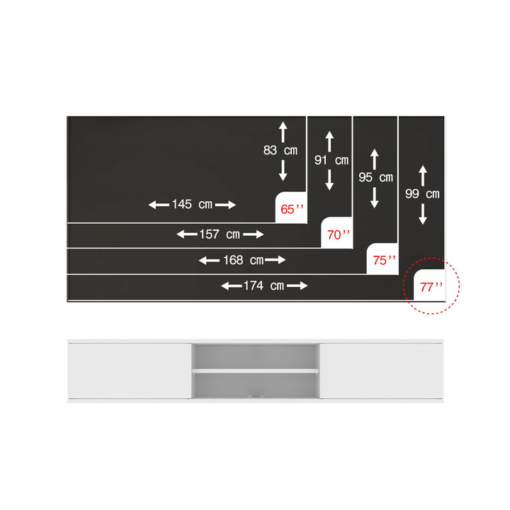 Doris White floating TV stand – 77 inch TV wall mounted view