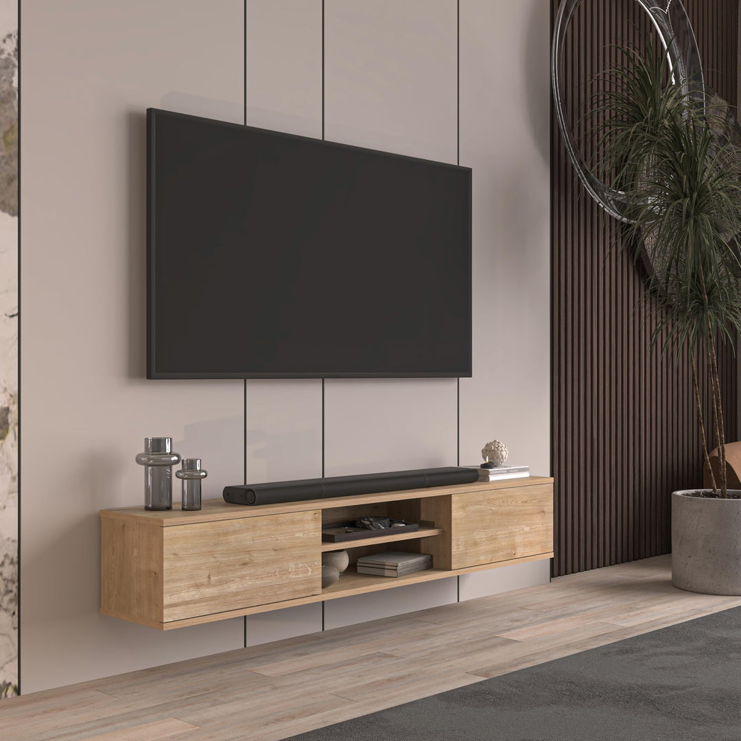 Doris Oak floating TV cabinet – open shelf detail