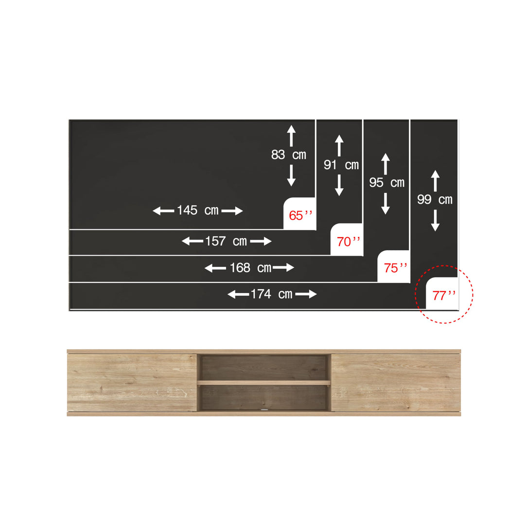 Doris Oak floating TV stand – 80 inch TV wall mounted view