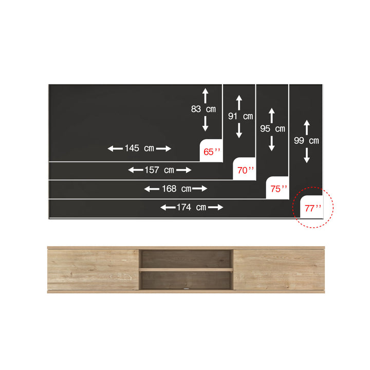 Doris Oak floating TV stand – 80 inch TV wall mounted view