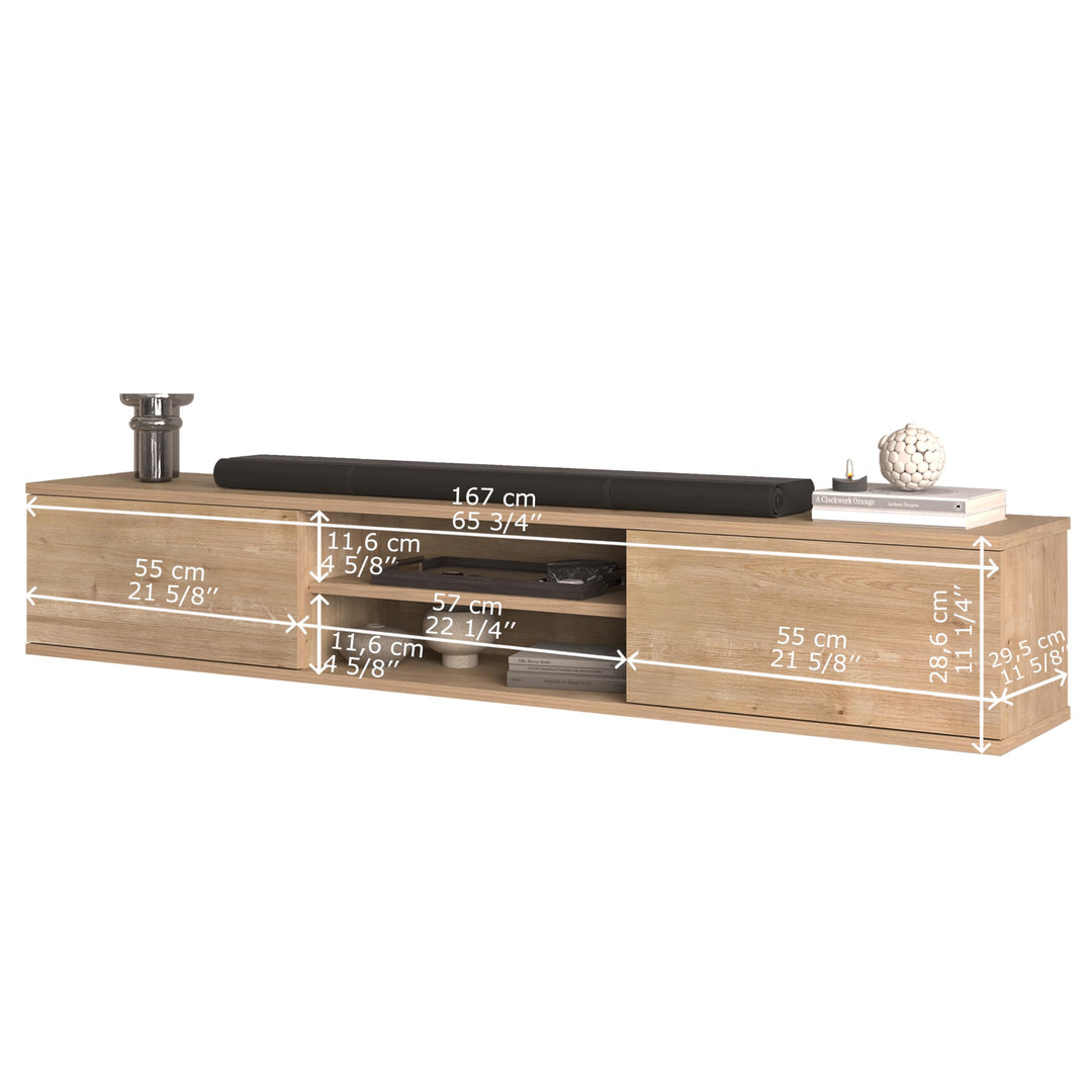 Doris Oak wall mounted console – side profile 66 inch and dimensions