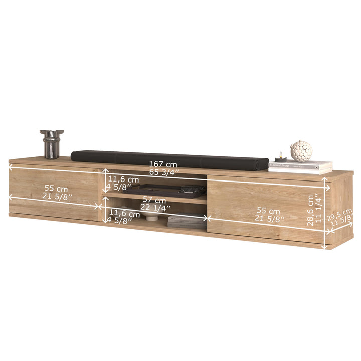 Doris Oak wall mounted console – side profile 66 inch and dimensions