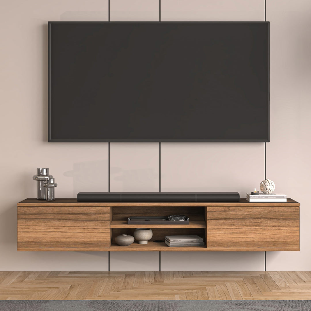 Doris floating TV stand Walnut – 66 inch wall mounted with open shelf