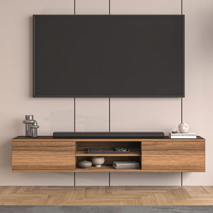 Doris floating TV stand Walnut – 66 inch wall mounted with open shelf