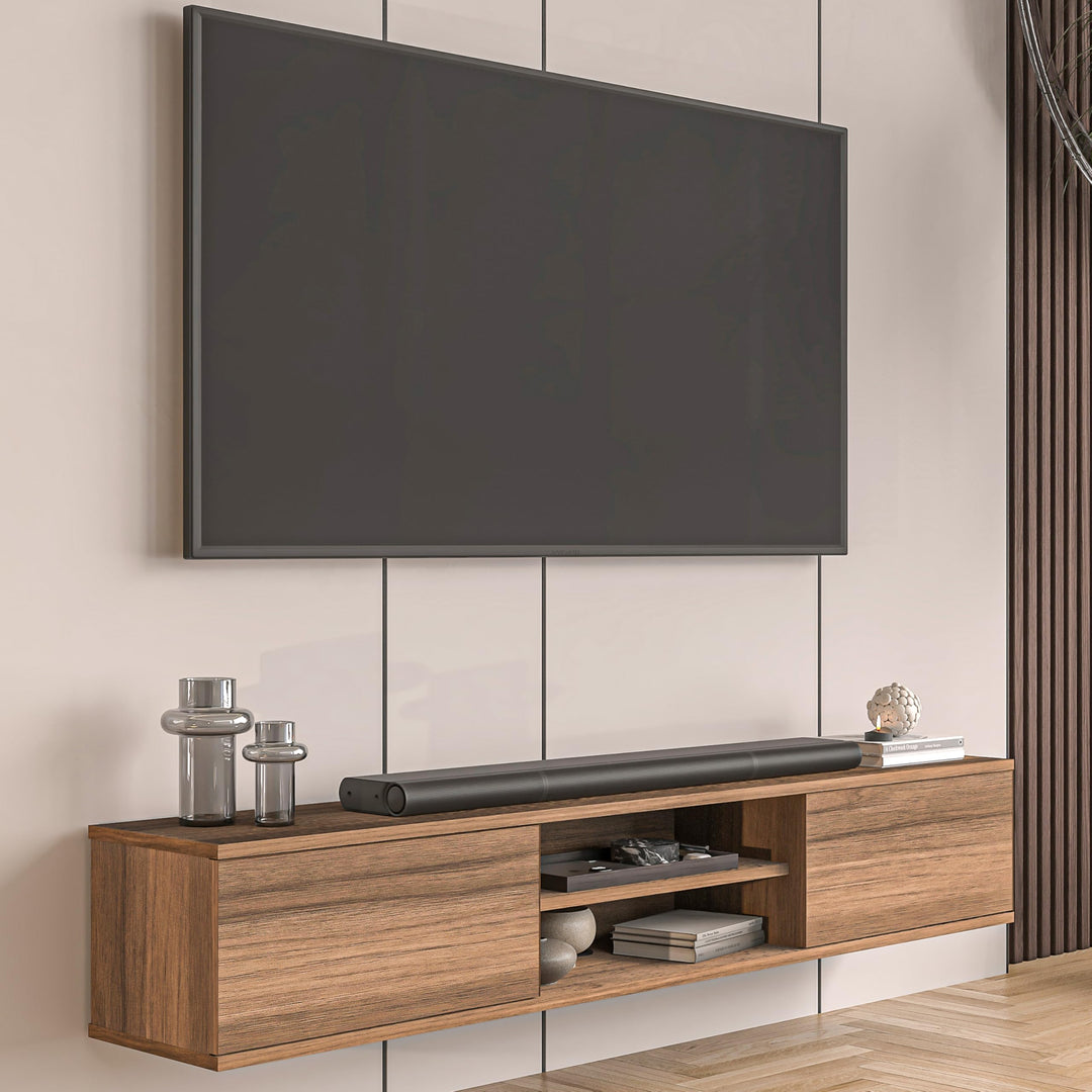 Doris Walnut floating TV stand – front view doors and open shelf
