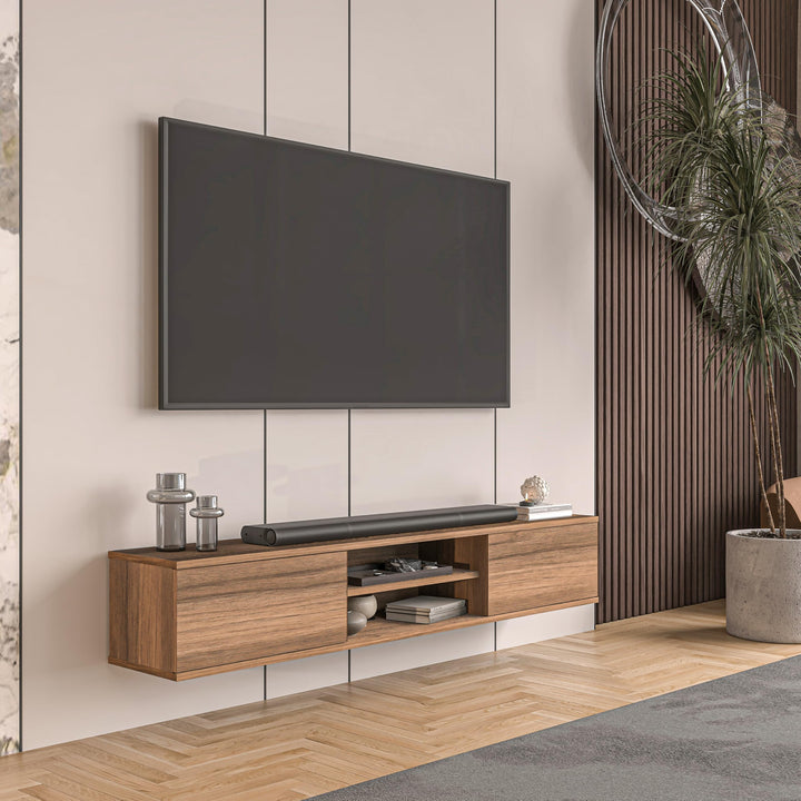 Doris floating TV stand Walnut – styled in modern living room