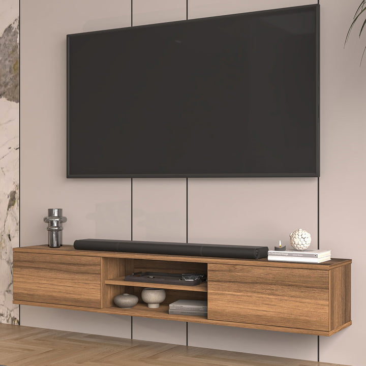 Doris Walnut floating TV cabinet – open shelf detail