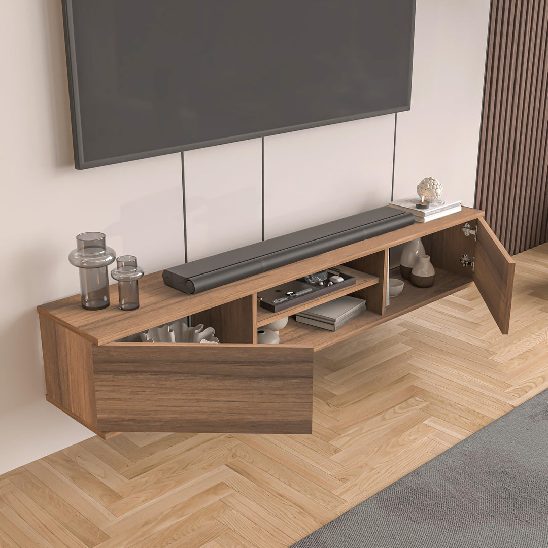 Doris Walnut floating TV stand – door storage interior open