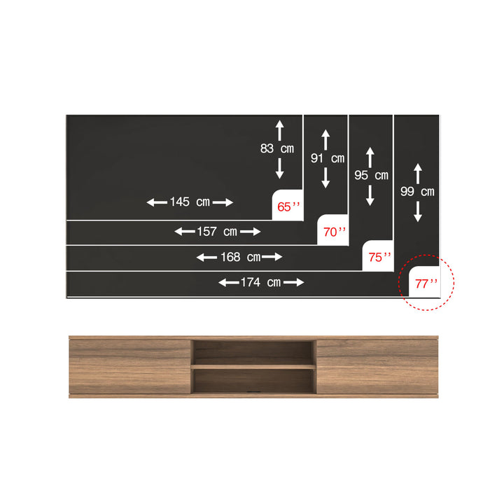 Doris floating TV stand Walnut – 80 inch TV compatibility view
