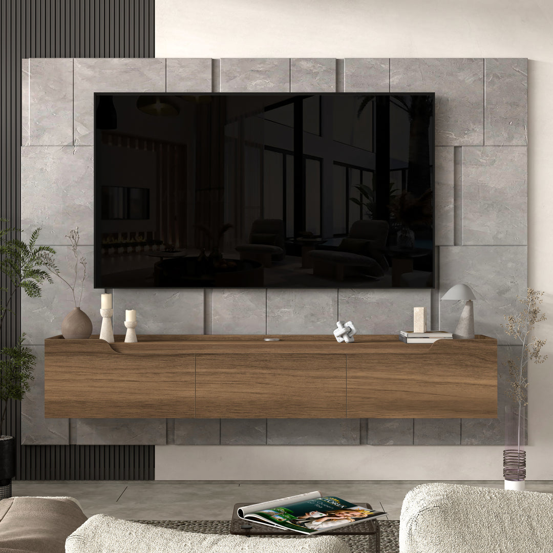 Atelier Mobili Floating TV Stand for Up to 80 Inch TVs – Wall Mounted Entertainment Center with Storage – Modern Floating Media Console with Cable Management – Oak/White Finishes (Oak)