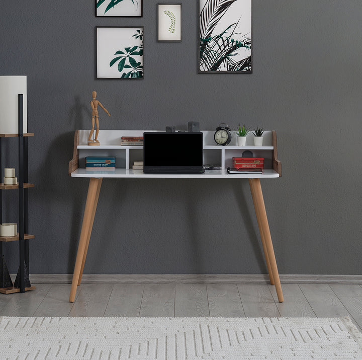 Study Desk - Wooden Legs with Extra Shelf and Storage - White