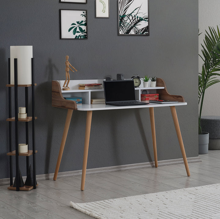 Study Desk - Wooden Legs with Extra Shelf and Storage - White