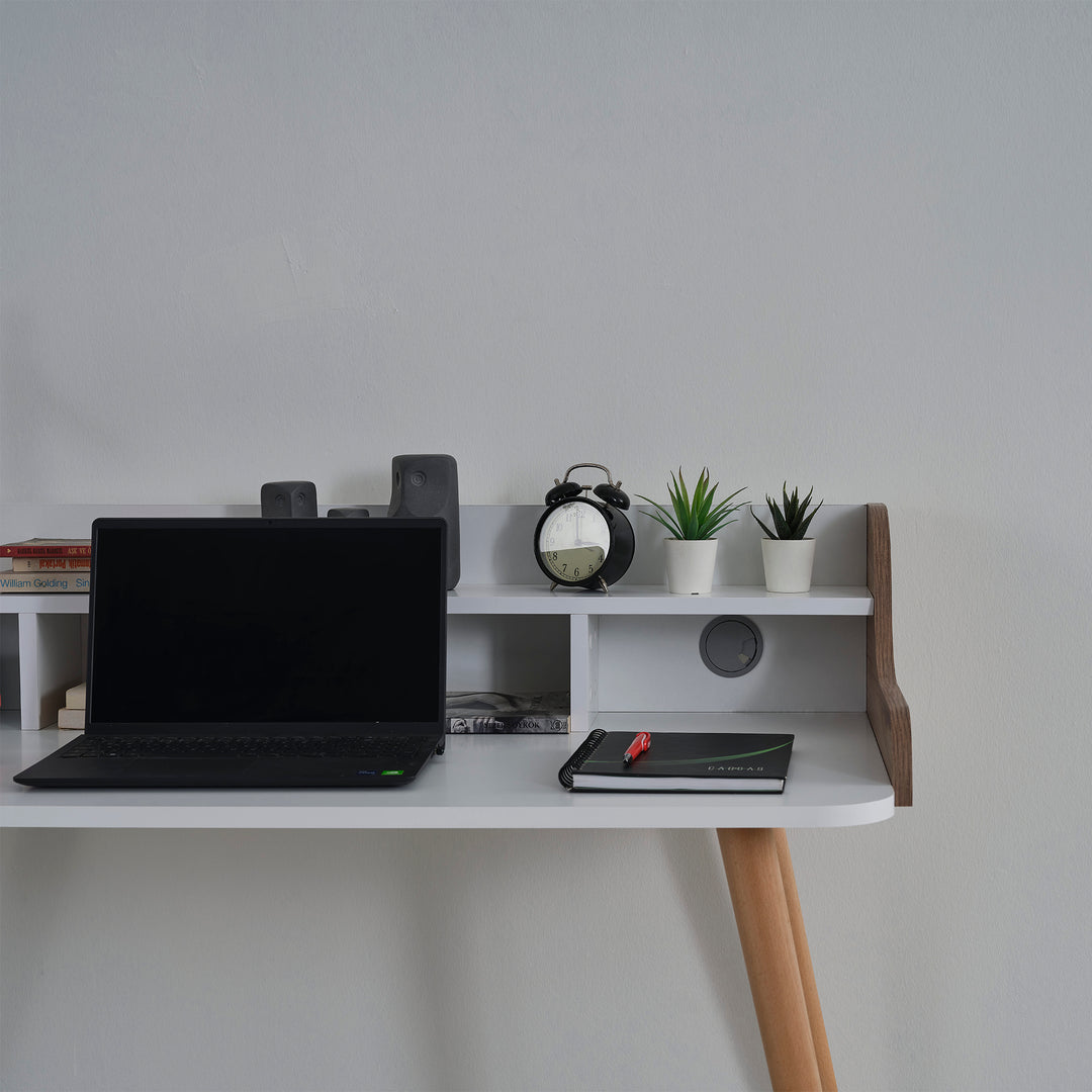 Study Desk - Wooden Legs with Extra Shelf and Storage - White