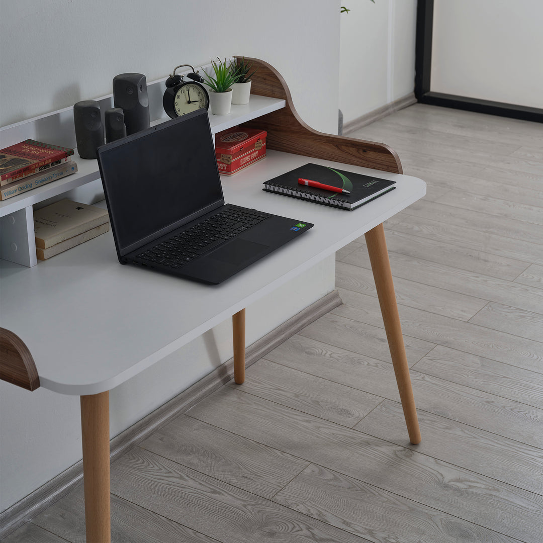 Study Desk - Wooden Legs with Extra Shelf and Storage - White